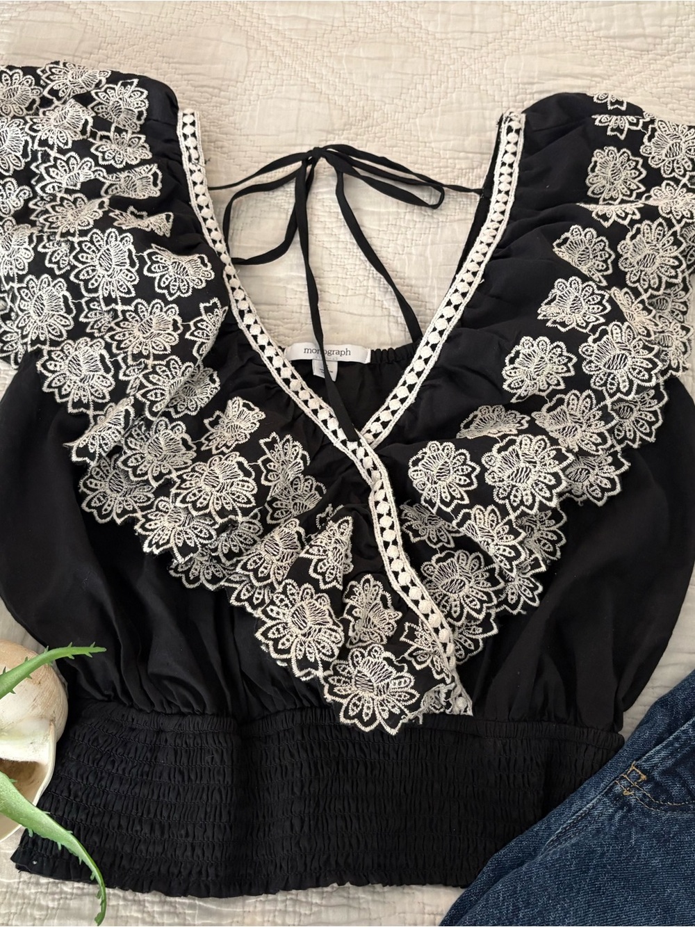 Black Embroidered V-Neck Peasant Blouse -